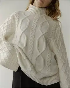 2024 Fabrikant Custom Ontwerp Wollen Katoen Acryl Dames Turtle Hals Pullover Kabel Gebreide Trui Voor Vrouwen