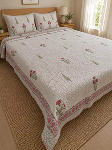 MALONI CREATIONS Beautiful Floral Block Printed Cotton <b>Bedcover</b> Set Lightweight Quilted Comforter Pillow Covers Handmade Jaipur - Product Image 6