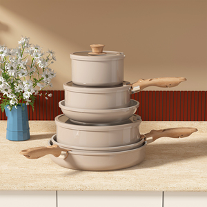 Batterie de cuisine moderne en aluminium moulé, durable et antiadhésive, pour 6 personnes, idéale pour le <span class=keywords><strong>camping</strong></span> en extérieur, compatible four, casseroles et poêles, motif Curcuma Granite - Product Image 1