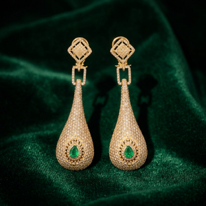 18KT Yellow Gold Natural <b>Diamond</b> <b>Dangle</b> <b>Earrings</b> with Emerald Stone Women's Wedding Jewelry Statement Piece - Product Image 1