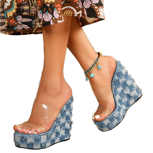 Sandalias de Plataforma con Cuña Compensada, Decoradas con Pedrería, con Cordones y Tira Transparente, Punta Abierta, para Invierno/Primavera/Verano, que Aumentan la Altura - Product Image 1