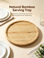 Plateau de service rond en bambou avec rebord surélevé, plateau en bois naturel pour le petit-déjeuner, le thé, le café, les collations