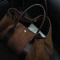 Sac fourre-tout rétro en lin et coton à chevrons, grande capacité, sac à bandoulière décontracté avec garniture en cuir, sac à main de style urbain pour tous les jours