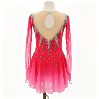 Robe de patinage et de danse rose vif dégradé, col en V, manches longues en maille, dos découpé avec strass, pour enfants et adultes, compétition et performance