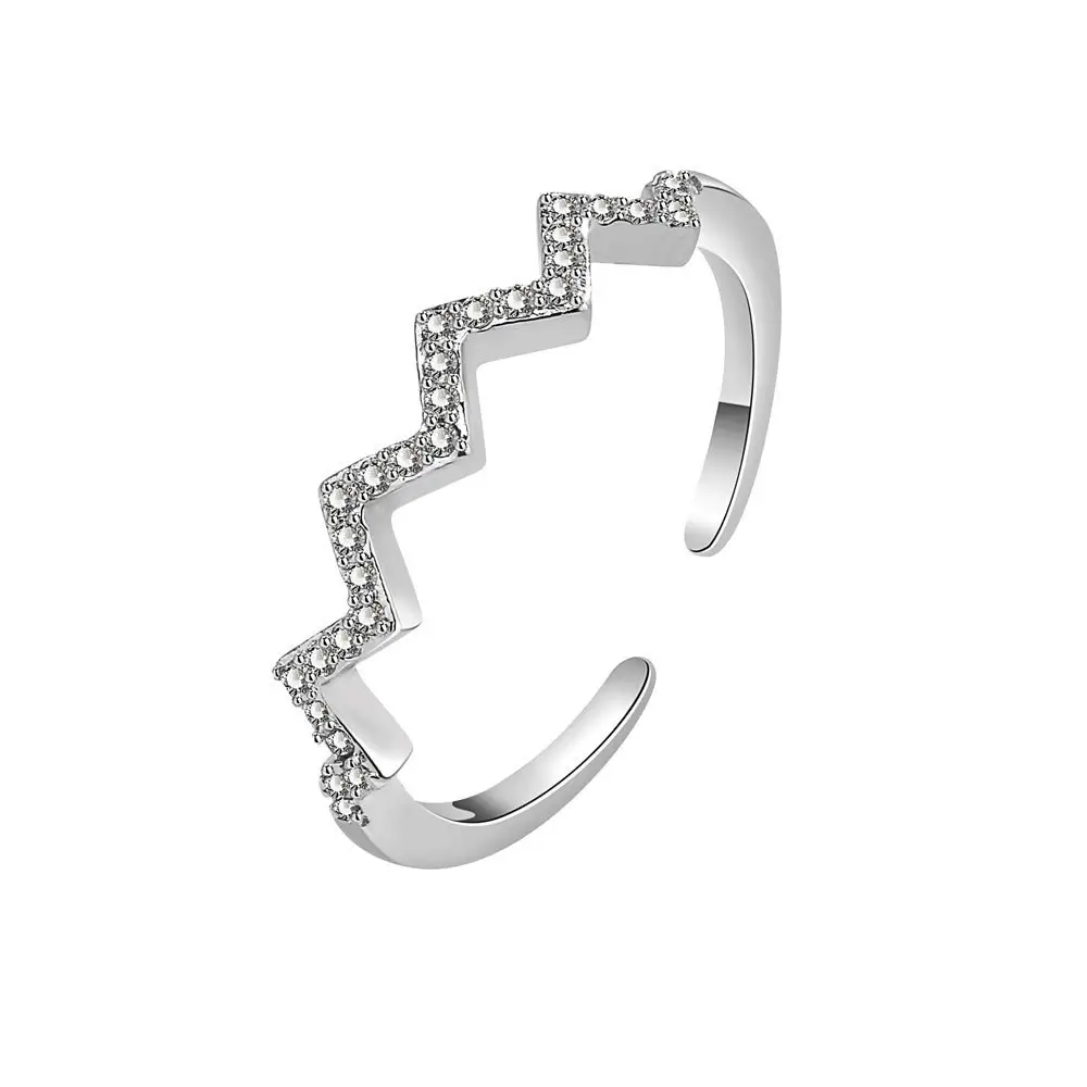 BINSHUO Großhandel Custom Messing eingelegt Zirkon Schmuck verstellbar vergoldet Diamant Elektro kardiogramm wellig V Open Damen ring