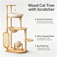 ScratchTower 127cm Arbre à chat moderne en bois d'hévéa, griffoir vertical en sisal, bol-capsule en acrylique transparent, nid en peau de mouton, carton roulant
