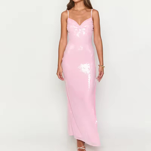 Lüks özel yaz V boyun zarif seksi pembe Midi akşam pullu elbise rahat parti balo kıyafetleri kadınlar için - Product Image 3