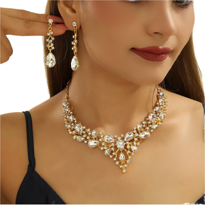 <span class=keywords><strong>Set</strong></span> Perhiasan Pengantin Wanita Asia, Berlian Imitasi India Selatan, Kalung Lapis Emas Elegan untuk Pernikahan - Product Image 1