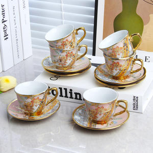 Service à café en céramique européenne, tasse et soucoupe plaquées or, ensemble tasse et soucoupe pour l'heure du thé, tasse à dessert - Product Image 4