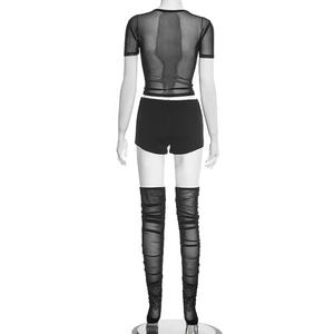 Ensemble décontracté pour femme Viviblook J26ST001, haut court à col rond à bandage croisé, short transparent, ensemble de chaussettes longues - Product Image 6