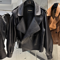 Veste en cuir véritable pour femme, en peau de mouton véritable, marron foncé, courte, pour l'automne