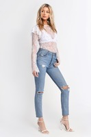 KY été blanc col rond Double ruban motif à volants à manches longues creux coupe bouton dos haut en dentelle pour les femmes Blouse Sxey