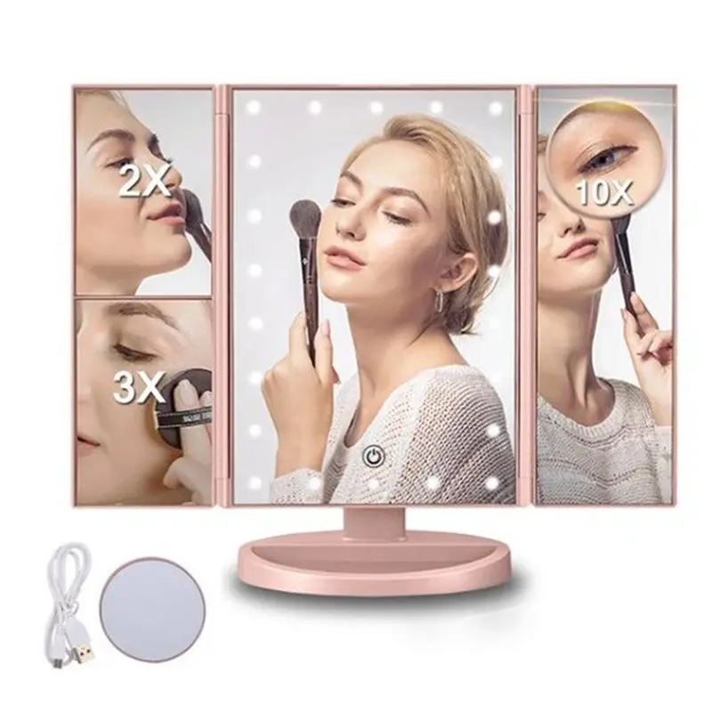 22 Draagbare Touch Control 2x 10x Vergroting Verlichte Make-Up Spiegel Drievoudig Led Make-Up Spiegel Met Led Licht