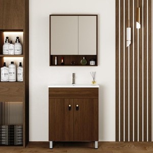 Mueble de baño independiente con lavabo de cerámica y gabinete con espejo, acabado en madera sin pintura, estilo hotel. - Product Image 2