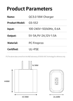 Chargeur sans fil de voyage 18W Qualcomm Quick Charge 3.0 5V 3A QC USB Wall Oplader UL Universal Mobile Phone Fast Charger