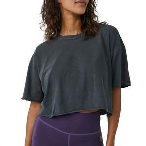 Top corto holgado personalizado para mujer, camiseta recortada de algodón 100%, camiseta informal de punto en blanco para el verano - Product Image 1