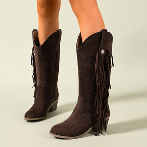 Nuovi <span class=keywords><strong>Stivali</strong></span> da Donna Versatili in Stile Europeo-Americano, Marrone Scuro con Nappe, Stile Western <span class=keywords><strong>Cowboy</strong></span>, Tomaia in Finta Pelle Scamosciata e Rete, con Rialzo Interno - Product Image 3