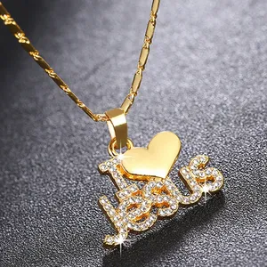 Perhiasan Kalung Kristen Wanita Liontin I Love Jesus Zirkon Berlapis Mawar Emas 18K Mewah