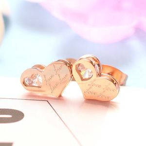 Heart <b>Stud</b> <b>Earrings</b> 10mm Rose Gold Steel Color Love Engraved Diamond Bezel Setting Everyday Wear - Product Image 4