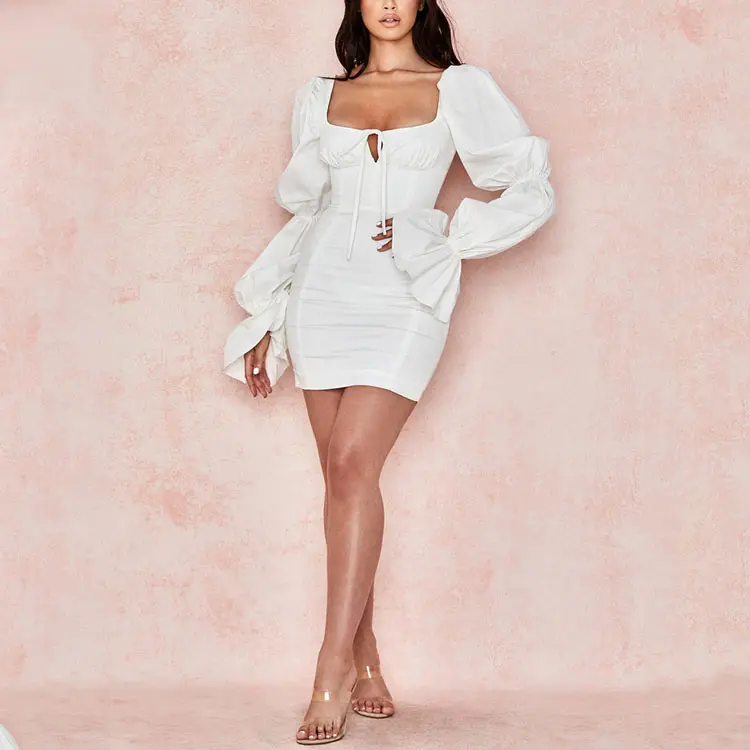 2024 nuovi arrivi primavera moda Sexy abito bianco Midi avorio Y2K signora elegante corsetto a maniche a sbuffo vestito Casual da donna estivo