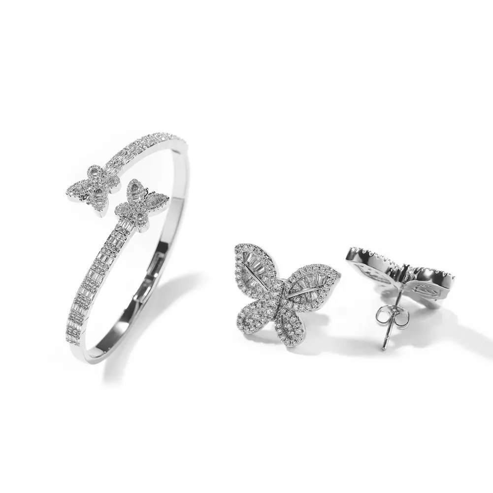 Hip Hop Baguette Butterfly Earrings Opening Bangle Jewelry Set Adjustable Butterfly Bracelet Women Men
