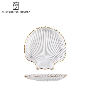 Wholesale Fashion Ocean Shell Shaped Clear Glass Plate Snack Fruits Nuts Dish Tableware Glass Bowl with Gold Rim