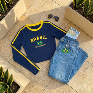 Wholesale <b>Brazil</b> Flag Print Long Sleeve Crop Top Women Slim Fit <b>Sexy</b> Sports Tee Y2K Aesthetic Streetwear Clothing Custom Logo - Product Image 2