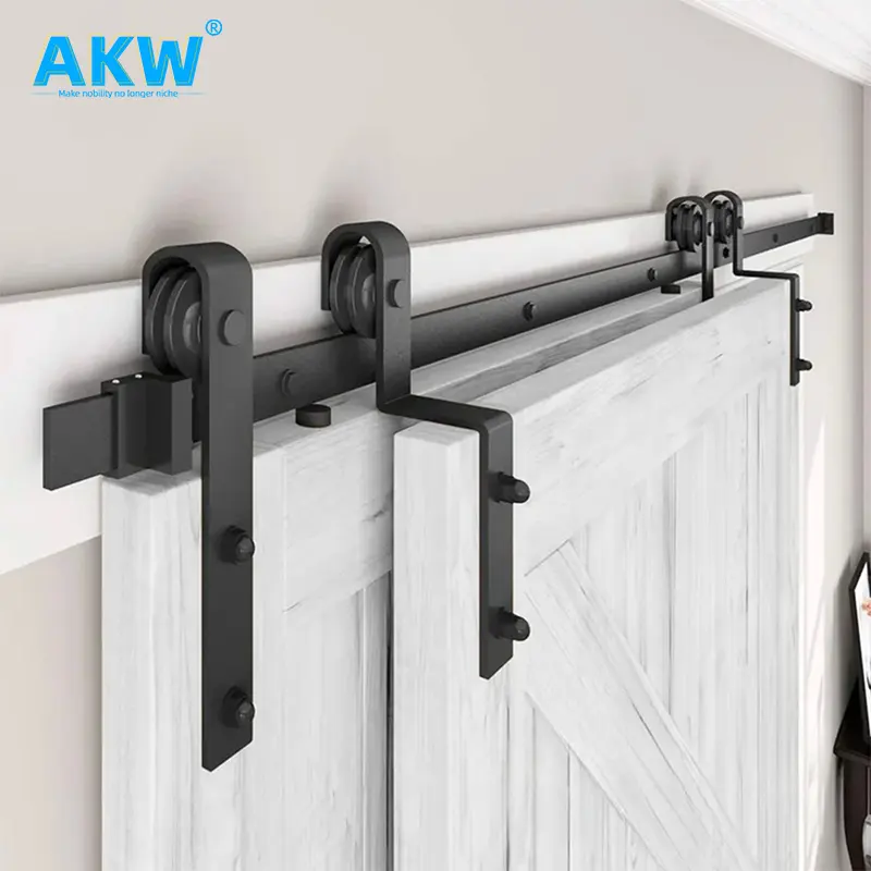 akw Manufacturing Stainless Steel L 180 Degree American Two Door Bypass Frameless Sliding barn Door hardware Systems