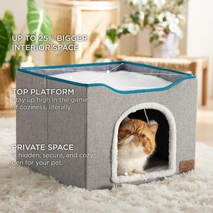 Lits pour <span class=keywords><strong>chats</strong></span> Intérieur Grande <span class=keywords><strong>grotte</strong></span> pour animaux de compagnie Maison pour chat avec boule suspendue et coussin à gratter Lit superposé en lin pour nid de chat Cama Gato Lit pour chat - Product Image 3