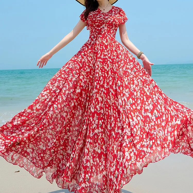 Summer new blomme chiffon dress women short sleeve big swing red dress maxi beach Sun Dresses