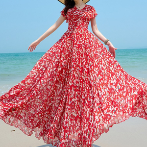 Summer new blomme abito in chiffon donna manica corta big swing red dress maxi beach Sun Dresses - Product Image 1