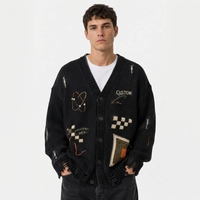 Cardigan en tricot épais noir pour homme, col en V, boutons, broderie de lettres graffiti, patchwork, effet usé, style grunge streetwear