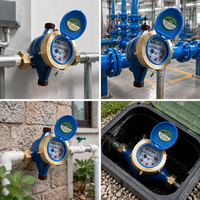 Compteur d'eau mécanique en fonte bleue pour usage résidentiel, jauge de débit froid avec couvercle de protection, équipement de mesure fileté pour applications utilitaires