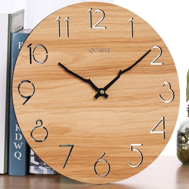 12 Inches MDF Art Deco Hanging Wood Wall Clock with Quartz Movement Walnut Finish Back to School