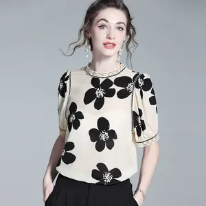 Blusa de estilo francés blusa de seda pura cuello encaje costura señoras tops al por mayor