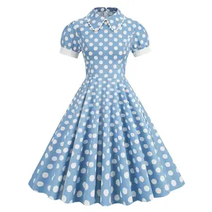 Peter Pan vintage laço manga curta Polka Dot férias Slim Palace estilo irmãs vestido