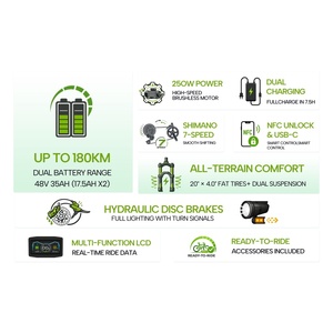 Vélo électrique tout-terrain à suspension intégrale, pneus larges 20 pouces, moteur 250 W, freins hydrauliques, batterie double 48 V 35 Ah, stock UE - Product Image 6