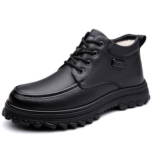 Botas de nieve para hombre, de cuero negro, forradas de lana, estilo slip-on de caña alta, zapatos cálidos para uso en exteriores. - Product Image 3