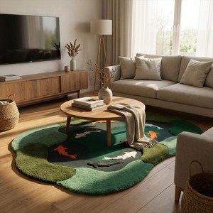 Hand Tufted Abstract Koi Fish Wool Carpet in Moss Green with Irregular Pond <b>Artwork</b> for Living Room Bedroom <b>Nursery</b> Kids Room - Product Image 4