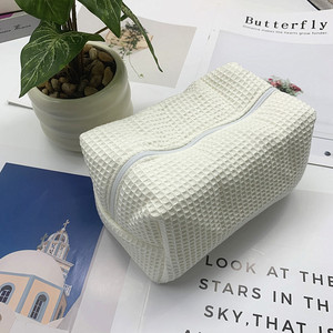 Bubble cotton waffle <b>knit</b> cosmetic bag, large capacity zippered skincare product <b>storage</b> bag, dopamine small square bag, - Product Image 3
