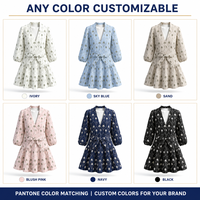 Robe midi personnalisée pour femme, imprimé palmiers, col en V, manches bouffantes, ceinture à nouer, vente en gros, impression personnalisée, usine OEM ODM