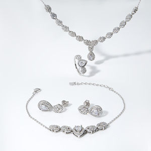 Fabricants de bijoux, collier, boucles d'oreilles, bracelets et bague en argent 925, design goutte d'eau et halo, pour femmes, ensemble de bijoux de luxe pour mariage - Product Image 1