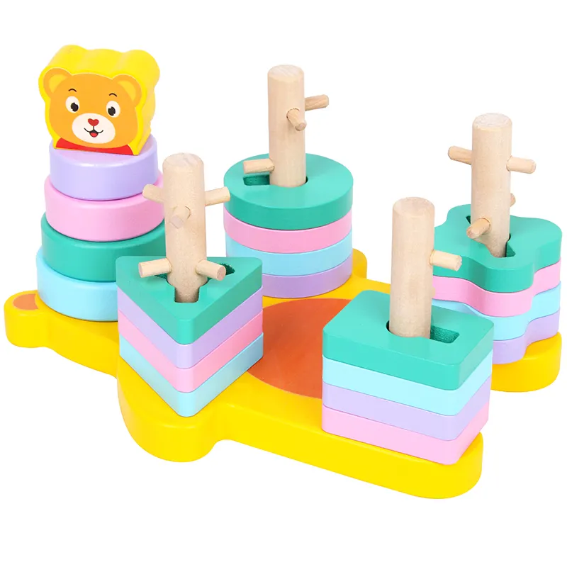 2022 Geometric Five Sets Of Columns Building Blocks Wooden Childrens Learning Shape Matching Kids Toys Educational