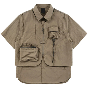 Camicia da <span class=keywords><strong>uomo</strong></span> di design <span class=keywords><strong>con</strong></span> effetto due pezzi, a maniche corte, stile estivo da lavoro all'aperto, <span class=keywords><strong>con</strong></span> gilet superiore e tasche multiple - Product Image 1