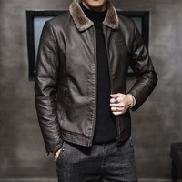 Fleece gefütterte schwere Punkt kragen Lässige Oberbekleidung Warme, dicke, isolierte Vintage-Mantel Reife Herren-Kunstleder jacke