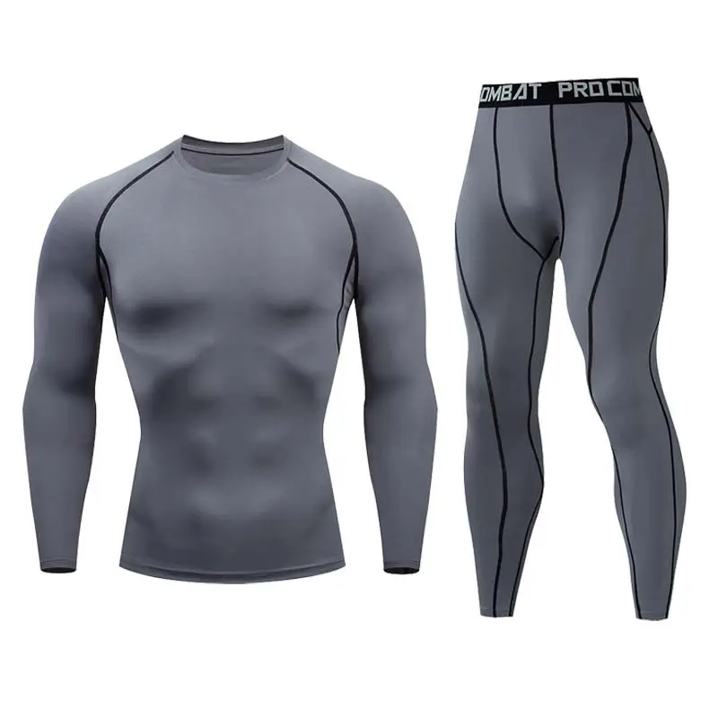 Güncellenmiş erkek spor koşu seti sıkıştırma gömlek + pantolon cilt sıkı uzun kollu hızlı kuru spor eşofman spor Yoga takım elbise
