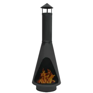 Chimenea de leña de acero negro para jardín, chimenea de leña con rejilla y póker para patio trasero