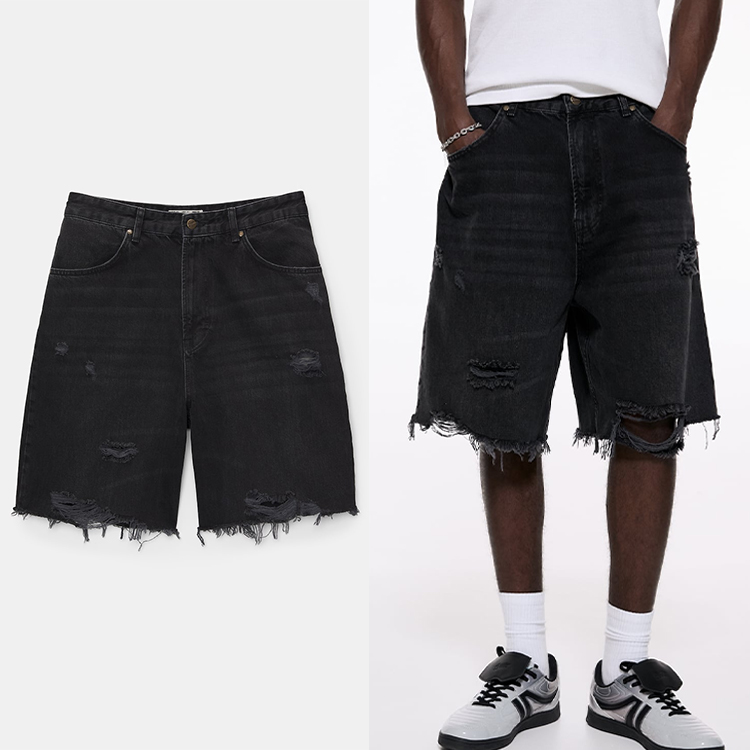 Vente en gros de shorts en jean vintage délavés noirs amples pour hommes jorts taille basse baggy shorts en jean à bords bruts délavés pour hommes