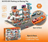 85 Pièces DIY Circuit de Course Multi-Niveaux avec Parking, Garage en Plastique à Assembler, Voiture de Course à Friction, Jouet pour Enfants Garçons, Cadeau d'Anniversaire