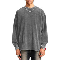 230g 100% katoenen kraagloze distressed T-shirt met lange mouwen, wijde schouderlijn, gewassen vintage herfstlook, oversized unisex top